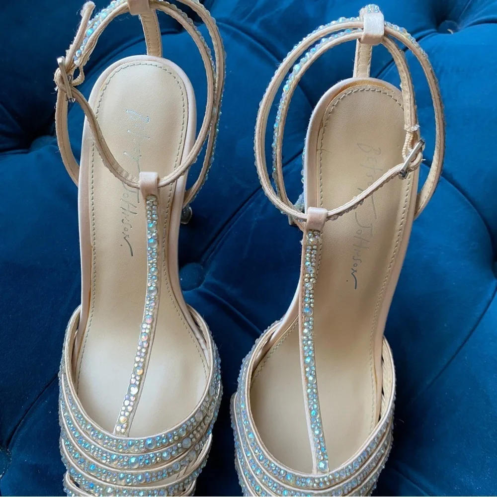 Betsey Johnson Nude Crystal Embellished T-Strap Heels
